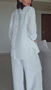 Ladies Collar Button Up Shirt+ Pants Solid Color Casual Loose Suit