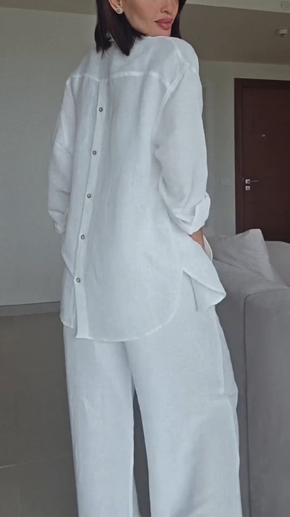 Ladies Collar Button Up Shirt+ Pants Solid Color Casual Loose Suit
