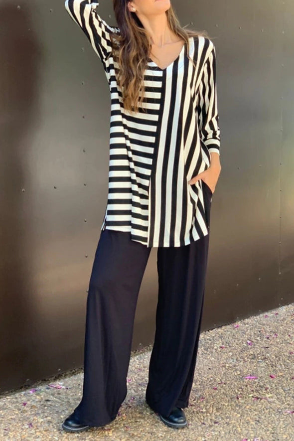 Women V-neck Striped Top and Pants Loose Casual Suit