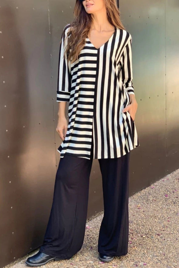Women V-neck Striped Top and Pants Loose Casual Suit