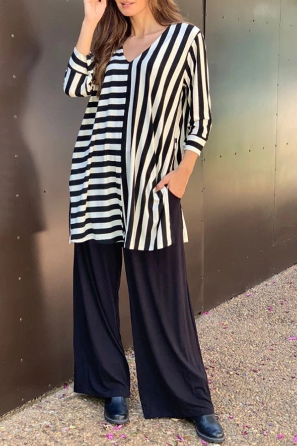 Women V-neck Striped Top and Pants Loose Casual Suit