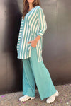 Women V-neck Striped Top and Pants Loose Casual Suit