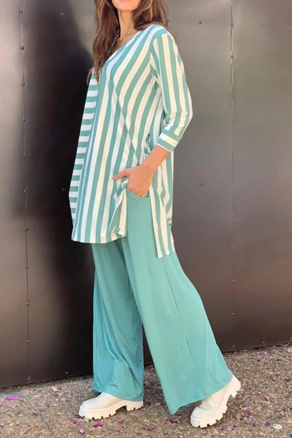 Women V-neck Striped Top and Pants Loose Casual Suit