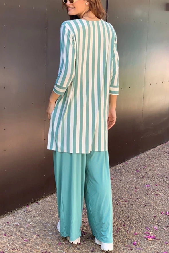 Women V-neck Striped Top and Pants Loose Casual Suit