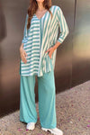 Women V-neck Striped Top and Pants Loose Casual Suit