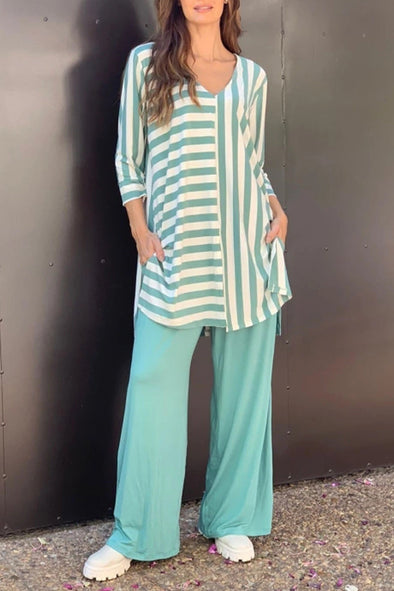 Women V-neck Striped Top and Pants Loose Casual Suit