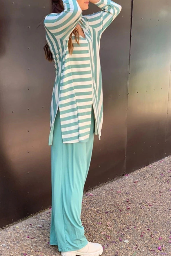 Women V-neck Striped Top and Pants Loose Casual Suit