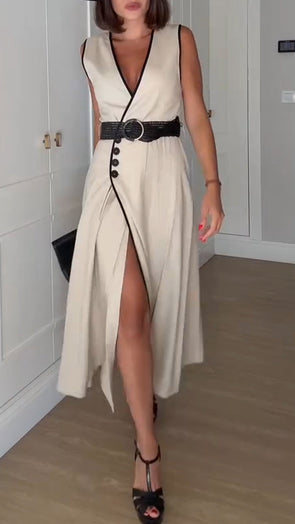 Ladies V-neck Slit Elegant Temperament Dress