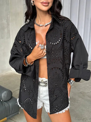 Ladies Lapel Hollowed Out Printed Casual Shirt