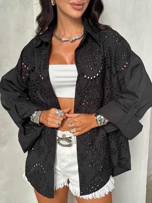 Ladies Lapel Hollowed Out Printed Casual Shirt