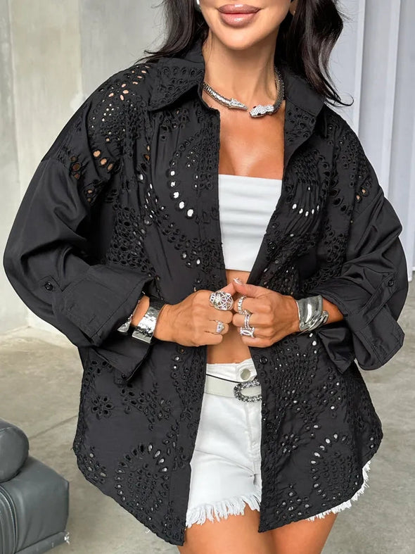 Ladies Lapel Hollowed Out Printed Casual Shirt