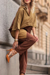 Ladies V-neck Patchwork Contrasting Color Top+ Pants Casual Set