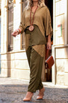 Ladies V-neck Patchwork Contrasting Color Top+ Pants Casual Set