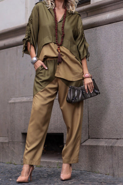 Ladies V-neck Patchwork Contrasting Color Top+ Pants Casual Set