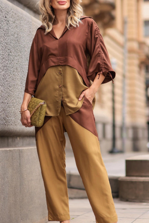 Ladies V-neck Patchwork Contrasting Color Top+ Pants Casual Set
