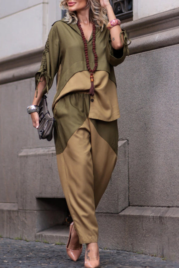 Ladies V-neck Patchwork Contrasting Color Top+ Pants Casual Set