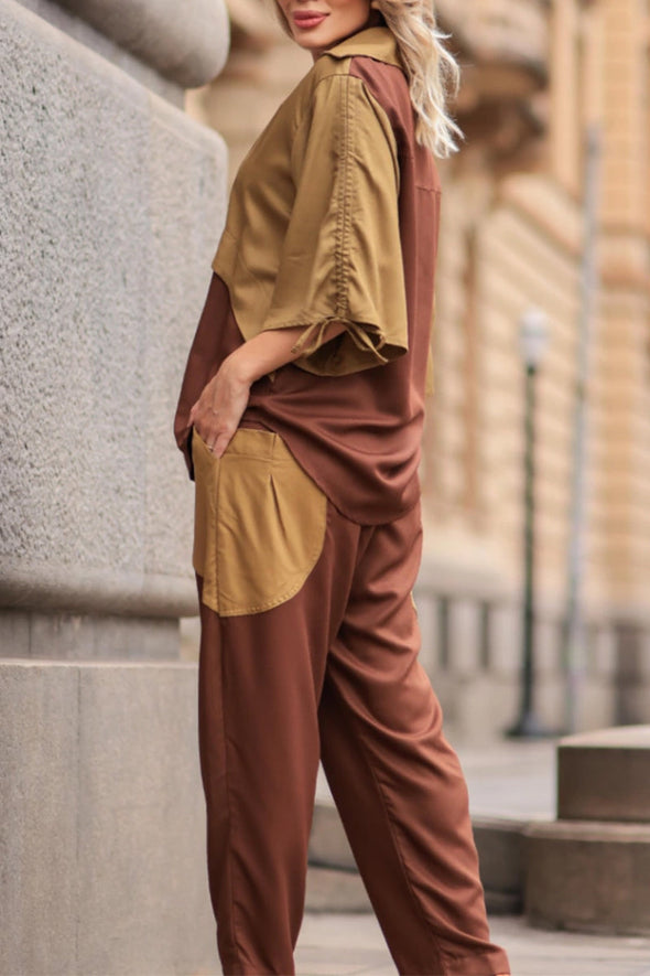 Ladies V-neck Patchwork Contrasting Color Top+ Pants Casual Set