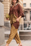 Ladies V-neck Patchwork Contrasting Color Top+ Pants Casual Set