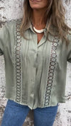 Ladies Lapel Patchwork Printed Hollowed Out Casual Top