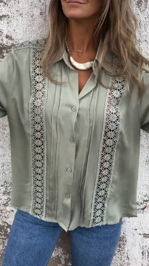 Ladies Lapel Patchwork Printed Hollowed Out Casual Top