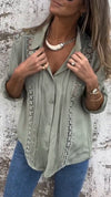 Ladies Lapel Patchwork Printed Hollowed Out Casual Top