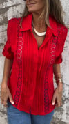 Ladies Lapel Patchwork Printed Hollowed Out Casual Top
