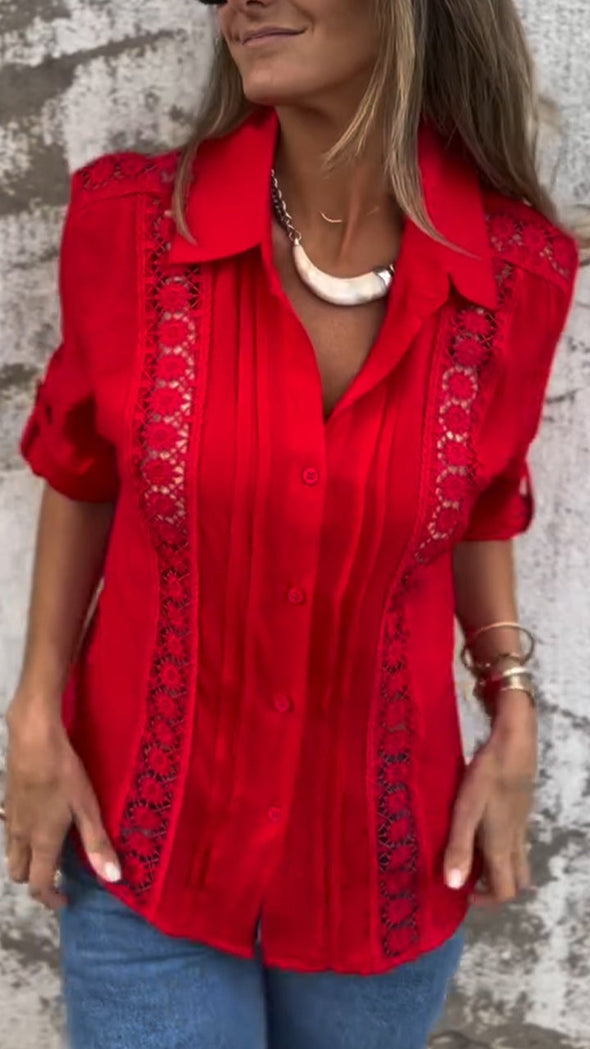 Ladies Lapel Patchwork Printed Hollowed Out Casual Top