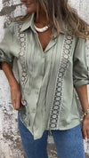 Ladies Lapel Patchwork Printed Hollowed Out Casual Top