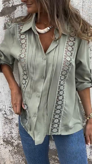 Ladies Lapel Patchwork Printed Hollowed Out Casual Top