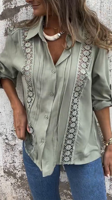 Ladies Lapel Patchwork Printed Hollowed Out Casual Top