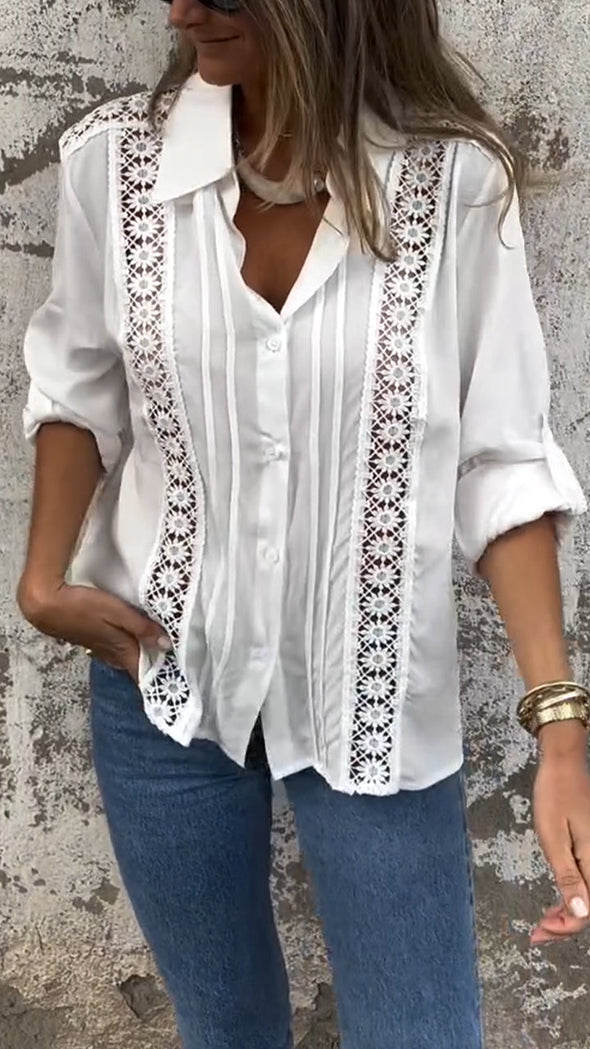Ladies Lapel Patchwork Printed Hollowed Out Casual Top