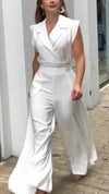 Women Collar Top+ Pants Solid Color Temperament Set