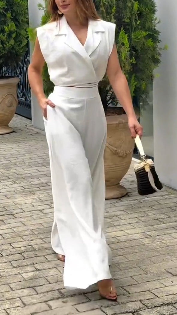 Women Collar Top+ Pants Solid Color Temperament Set