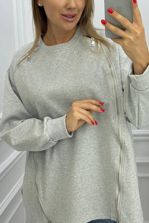 Women Round Neck Zipper Casual Top