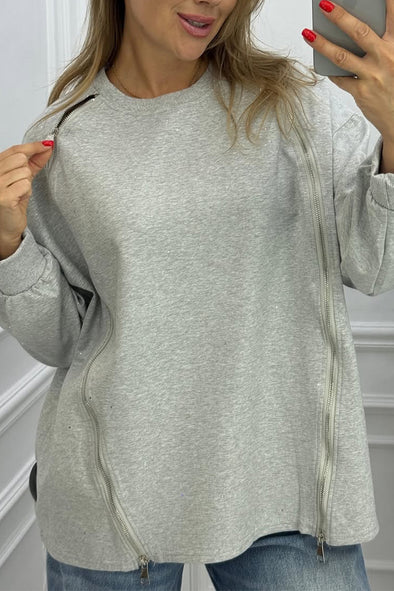 Women Round Neck Zipper Casual Top
