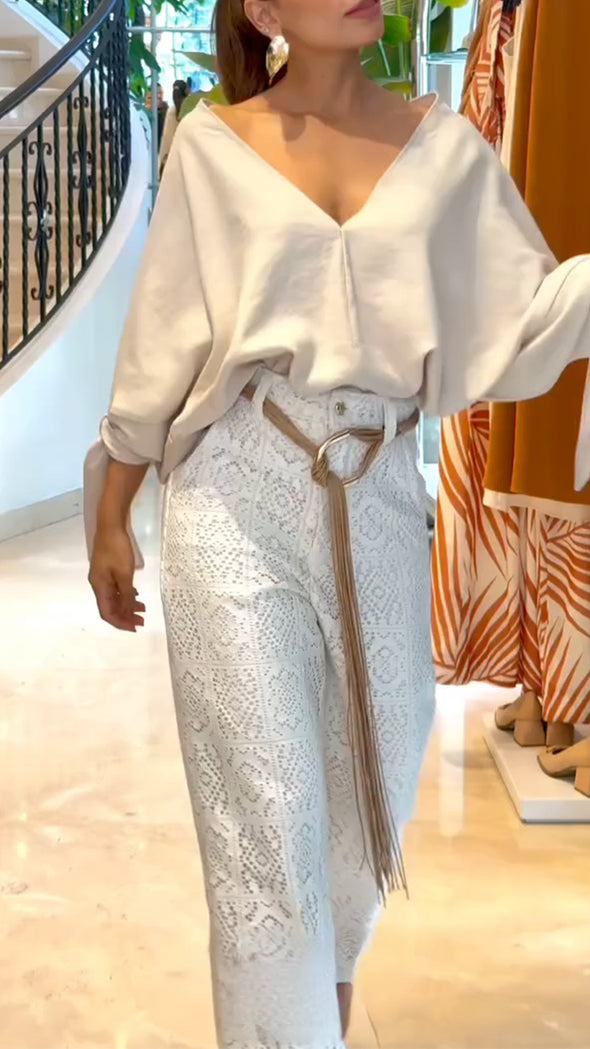 Ladies V-neck Top+ Printed Pants with A Casual Temperament Suit