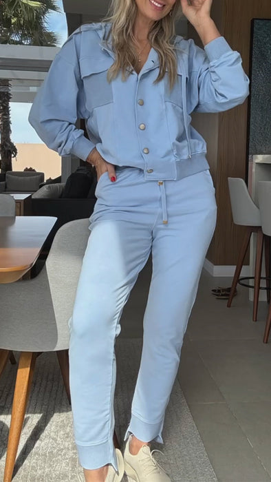 Ladies Collar and Buckle Splicing Top+ Pants Casual Set