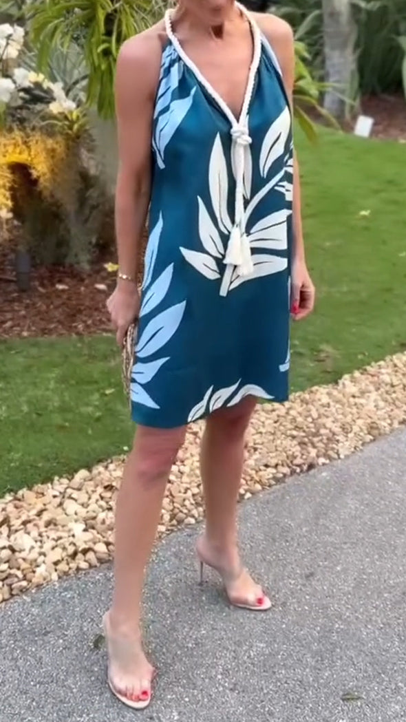 Ladies Neck Hanging Tassel Printed Casual Dress