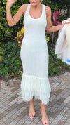 Women U-neck Patchwork Tassel Solid Color Casual Dress