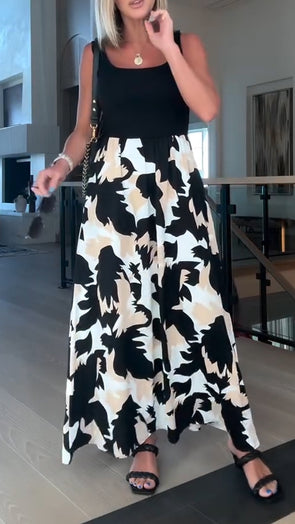 Ladies Square Collar Splicing Printed Casual Dress