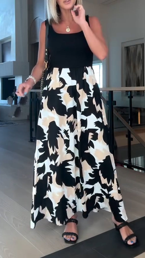 Ladies Square Collar Splicing Printed Casual Dress