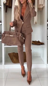 Women Collar Jacket+ Pants Solid Color Temperament Casual Suit