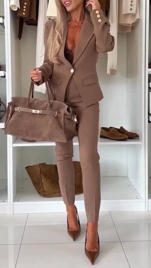 Women Collar Jacket+ Pants Solid Color Temperament Casual Suit