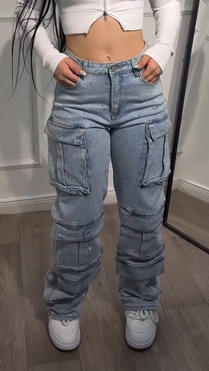 Ladies Hot Pressed Diamond Spliced Multi Pocket Casual Pants