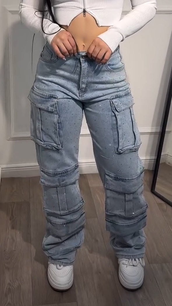 Ladies Hot Pressed Diamond Spliced Multi Pocket Casual Pants
