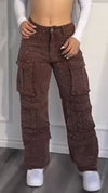 Ladies Hot Pressed Diamond Spliced Multi Pocket Casual Pants