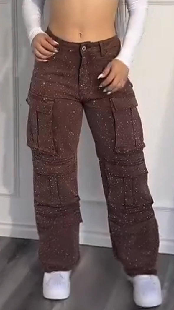 Ladies Hot Pressed Diamond Spliced Multi Pocket Casual Pants
