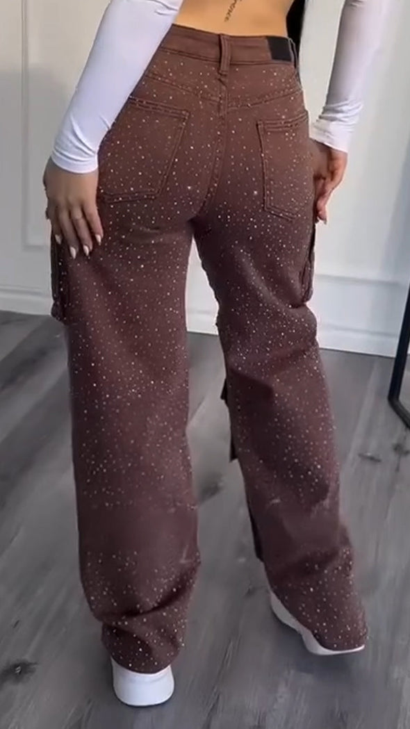 Ladies Hot Pressed Diamond Spliced Multi Pocket Casual Pants