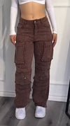Ladies Hot Pressed Diamond Spliced Multi Pocket Casual Pants