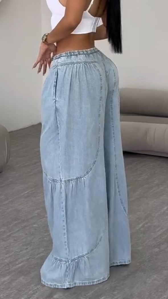 Ladies Spliced Drawstring Casual Jeans